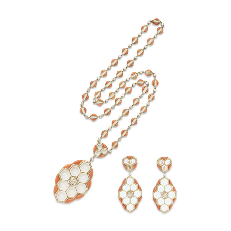 18k Gold Rock Crystal, Coral and Diamond Set