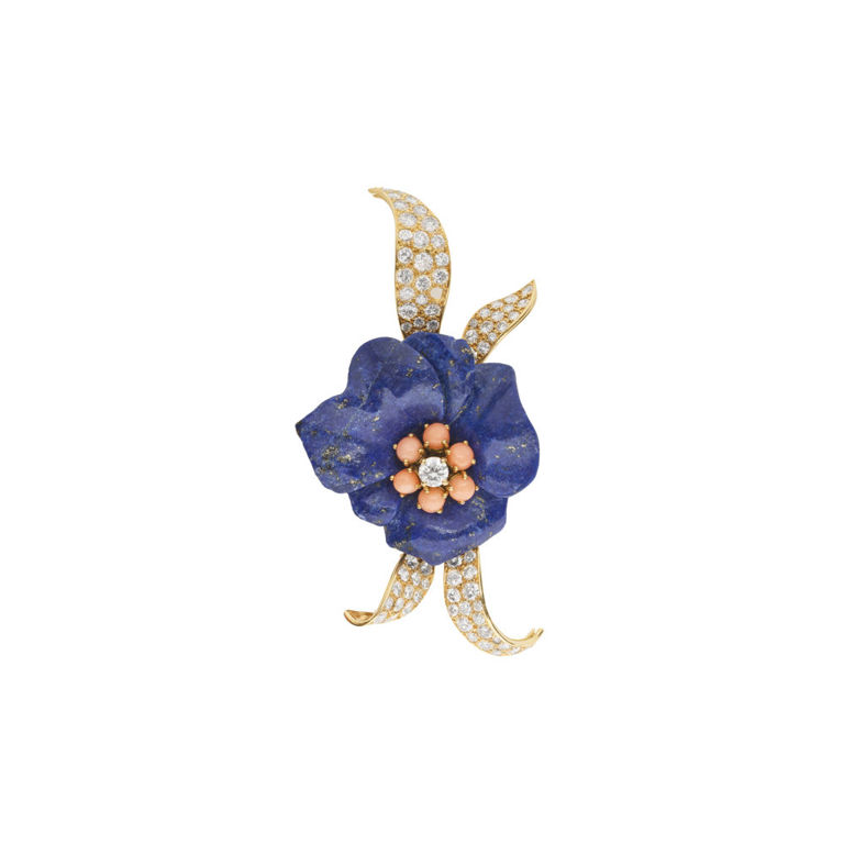 18k Gold Lapis Lazuli, Coral and Diamond Brooch