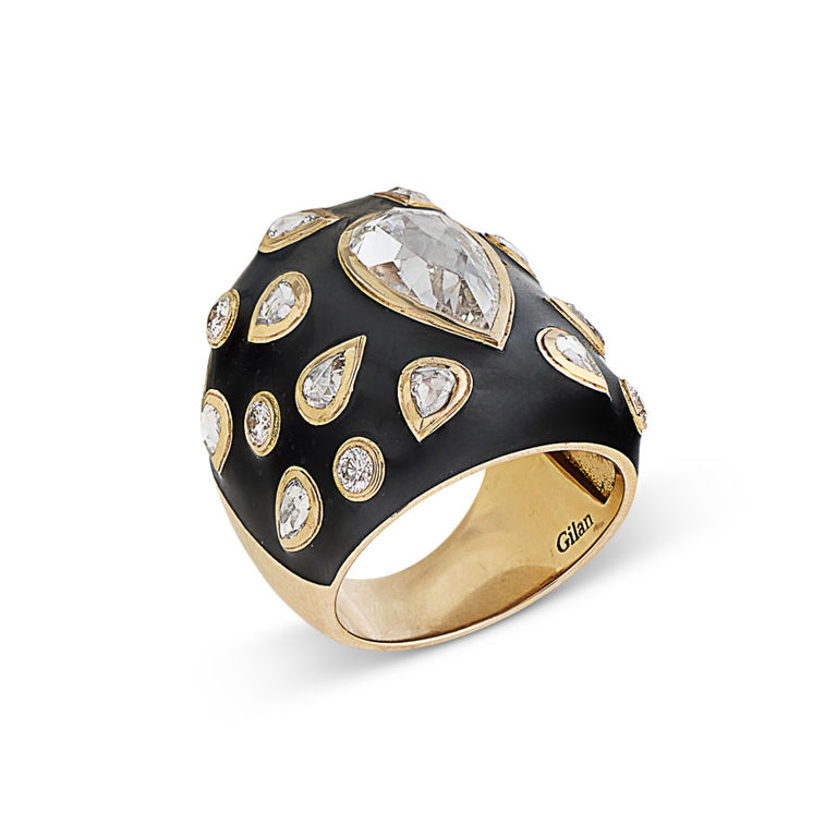 18k Yellow Gold Diamond and Enamel Ring