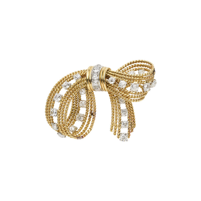 Platinum and 18k Yellow Gold Diamond Bow Brooch