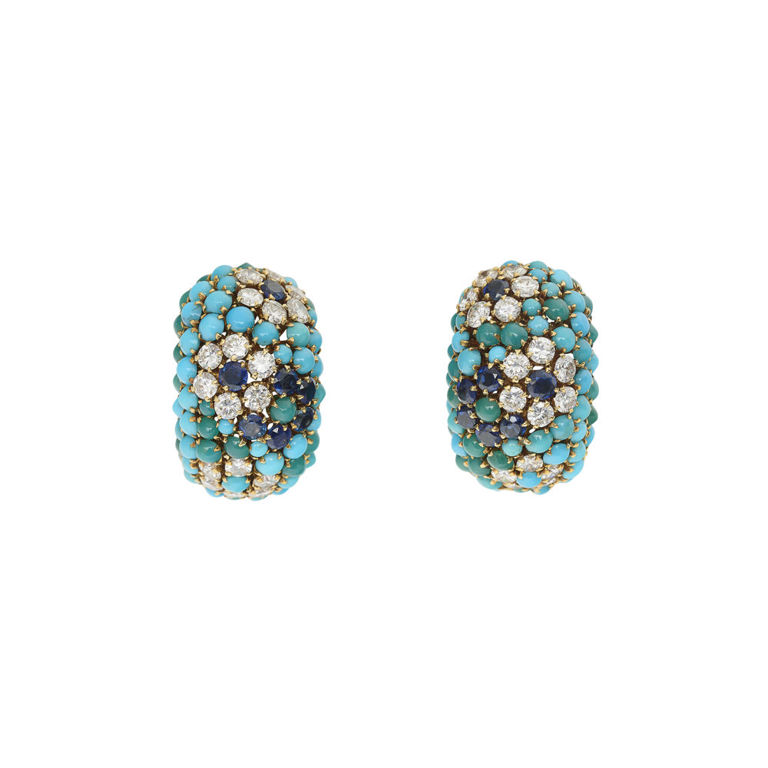 18k Gold Turquoise, Sapphire and Diamond Earrings