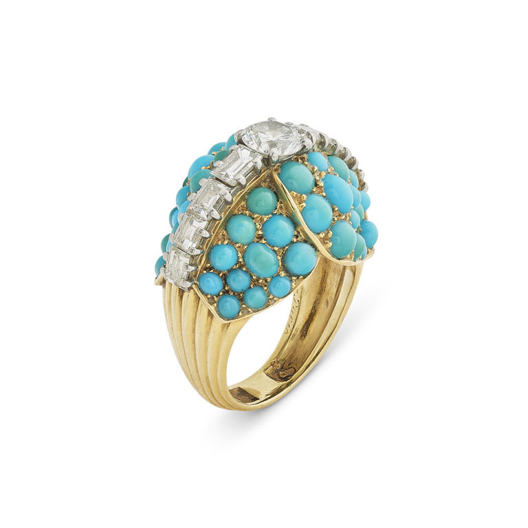 Platinum and 18k Gold Turquoise and Diamond Ring