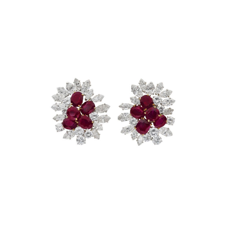 Platinum and 18k Gold Ruby and Diamond Earrings