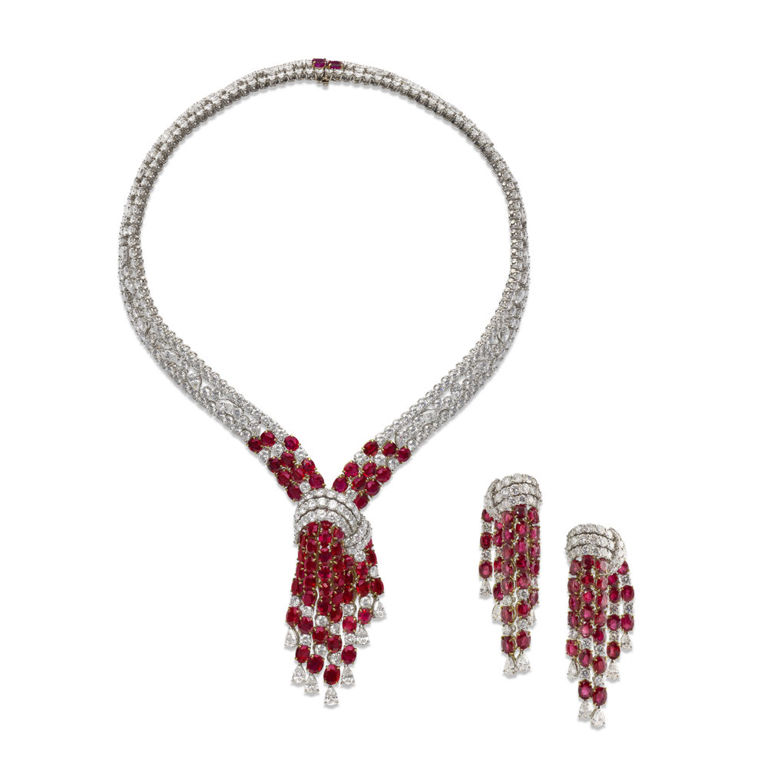 Platinum and 18k Gold Ruby and Diamond Jewelry Set