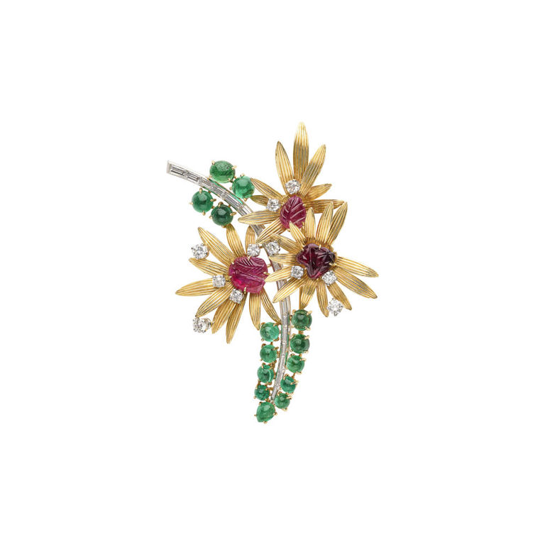 18k Gold Ruby, Emerald and Diamond Brooch