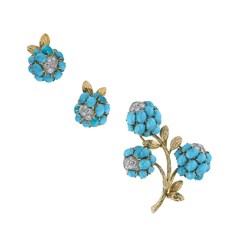 18k Gold and Platinum Turquoise and Diamond Set