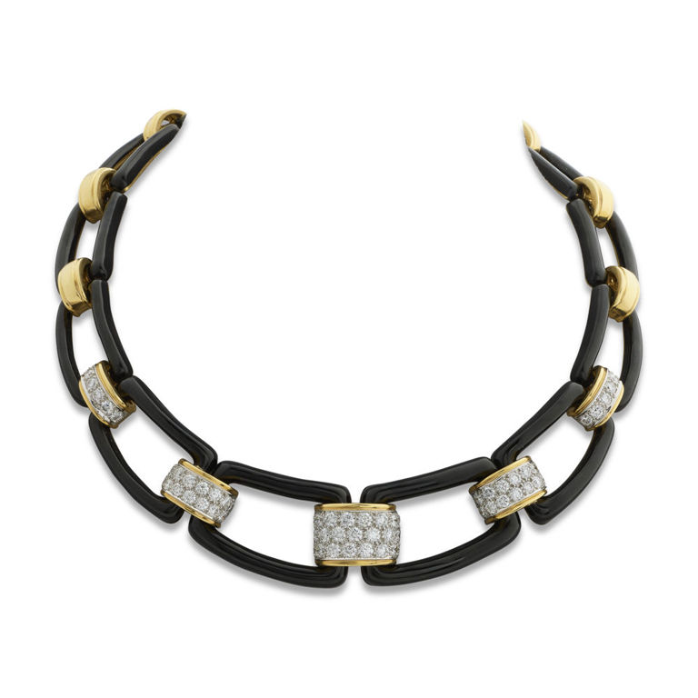 18k Gold and Platinum Diamond and Enamel Necklace
