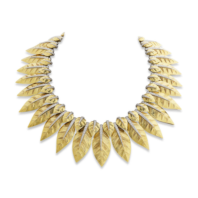 18k Gold and Platinum Diamond Laurel Leaf Necklace