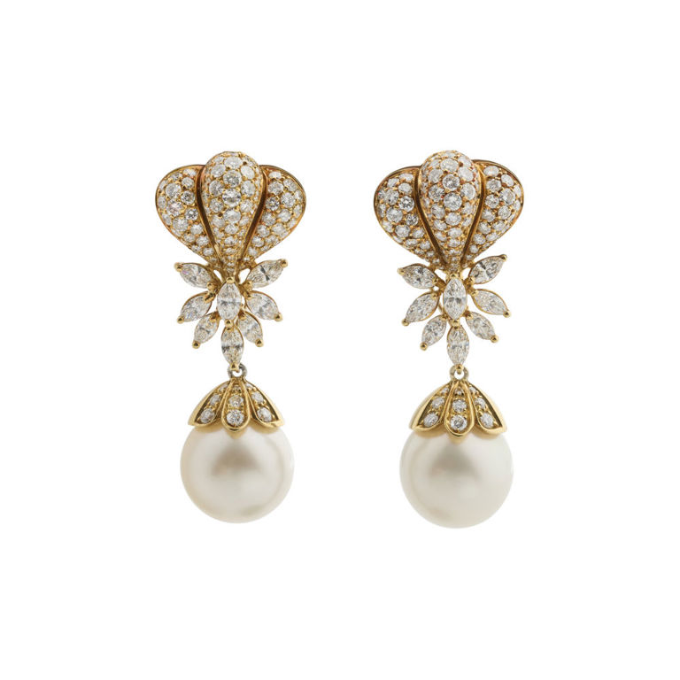 18k Bi-Color Gold Pearl and Diamond Earrings