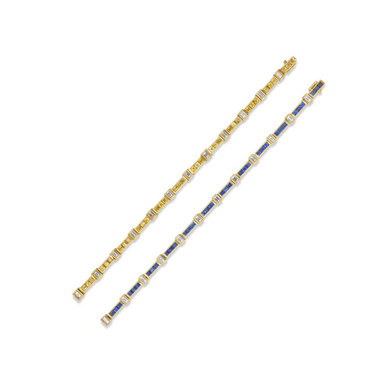Two 18k Yellow Gold Sapphire and Diamond Bracelets