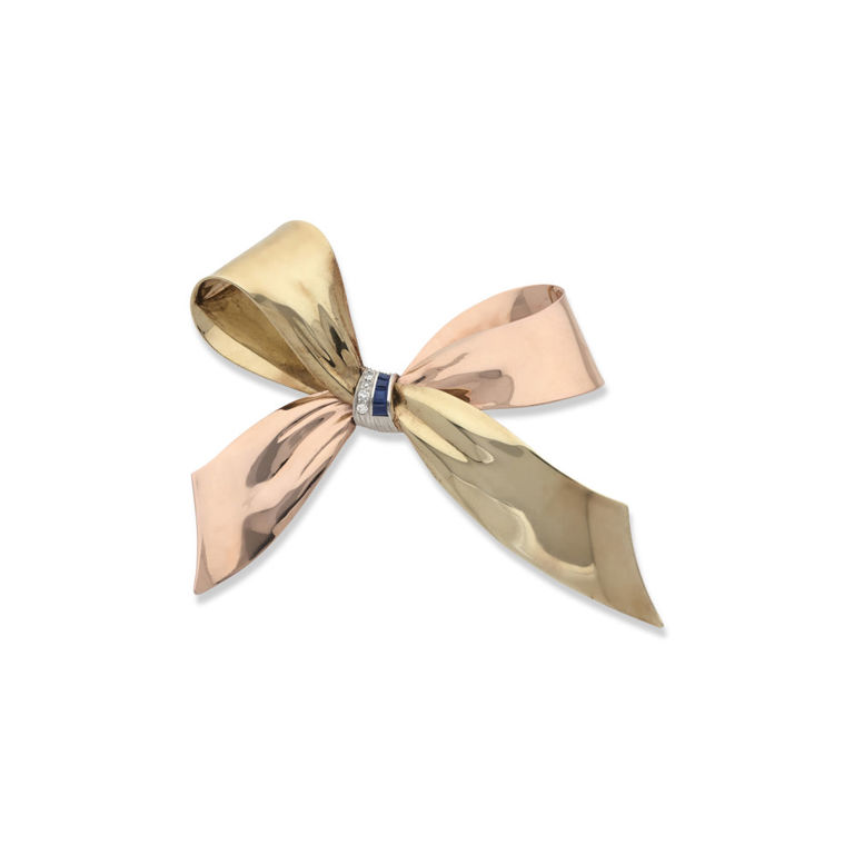 Platinum and Gold Sapphire and Diamond Bow Brooch