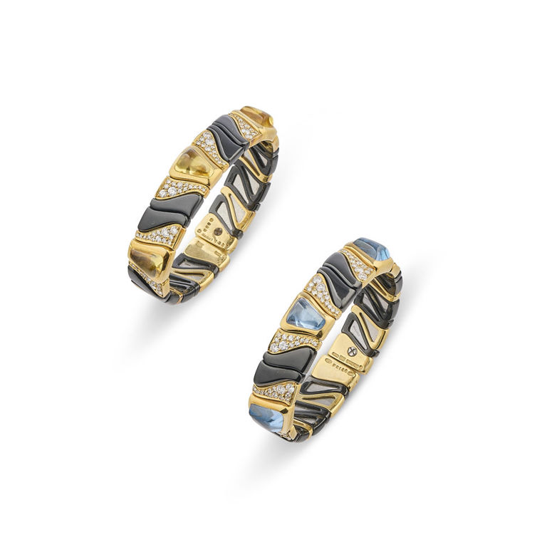 Two 18k Yellow Gold and Steel Gem-Set Bracelets