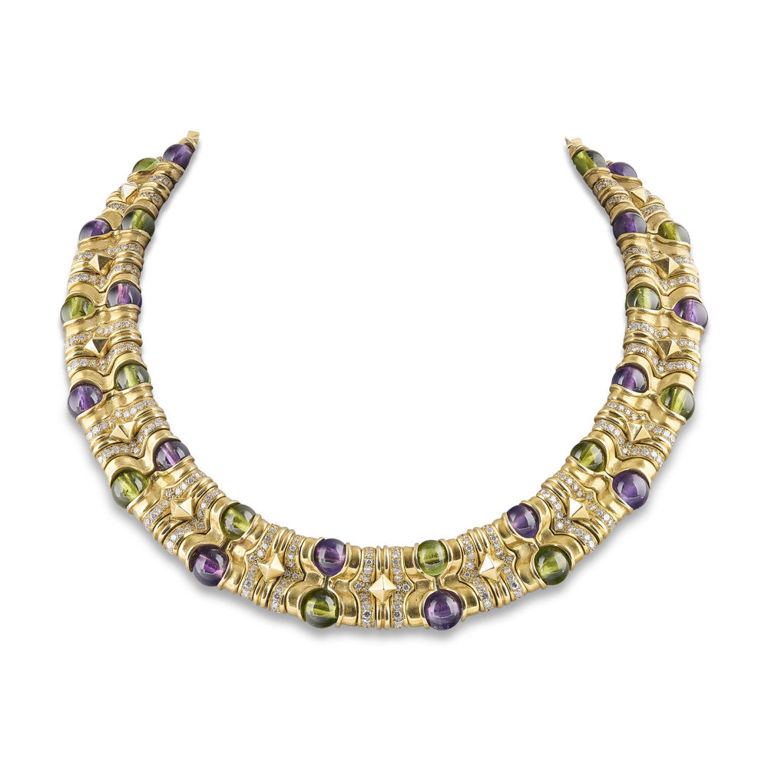 18k Gold Peridot, Amethyst and Diamond Necklace