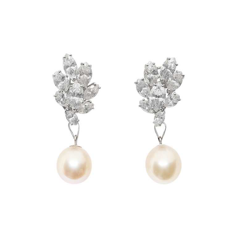 Platinum and 18k Gold Pearl and Diamond Earrings
