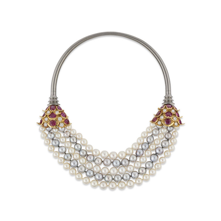 18 Gold and Steel Ruby, Pearl and Diamond Necklace