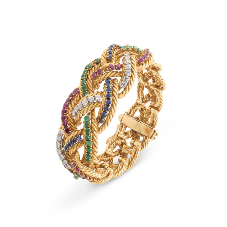 18k Gold and Platinum Gem-Set and Diamond Bracelet