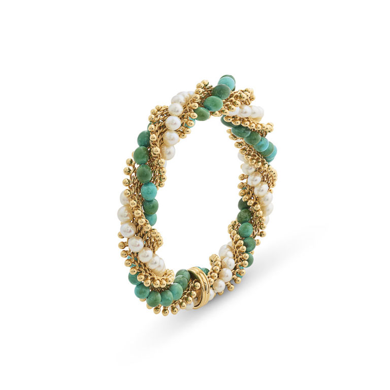 18k Yellow Gold Turquoise and Pearl Twist Bracelet