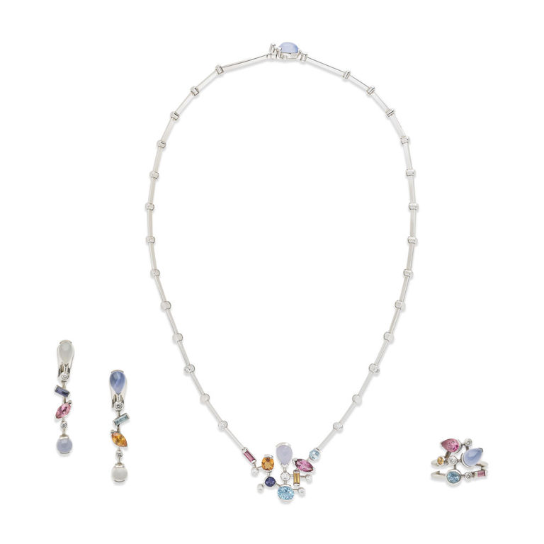 18k White Gold and Platinum Gem-Set Jewelry Set