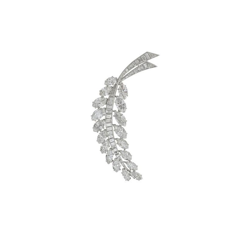 Platinum and 18k White Gold Diamond Leaf Brooch