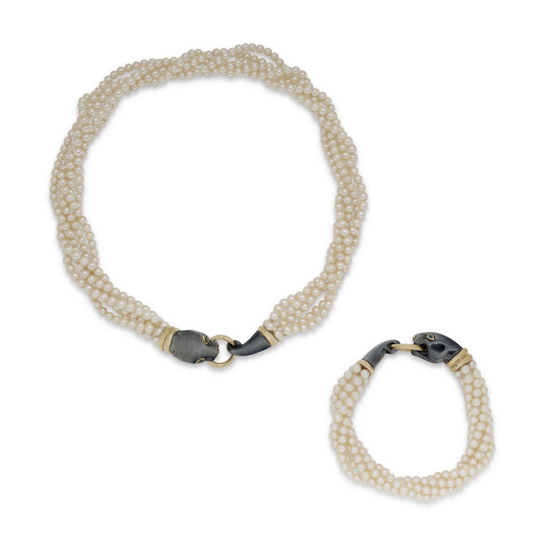 18k Gold and Silver Pearl and Emerald Jewelry Set