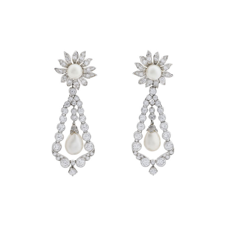 Platinum and 18k Gold Pearl and Diamond Earrings