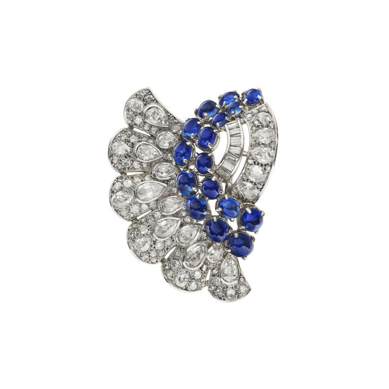 Platinum and 18k Gold Sapphire and Diamond Brooch
