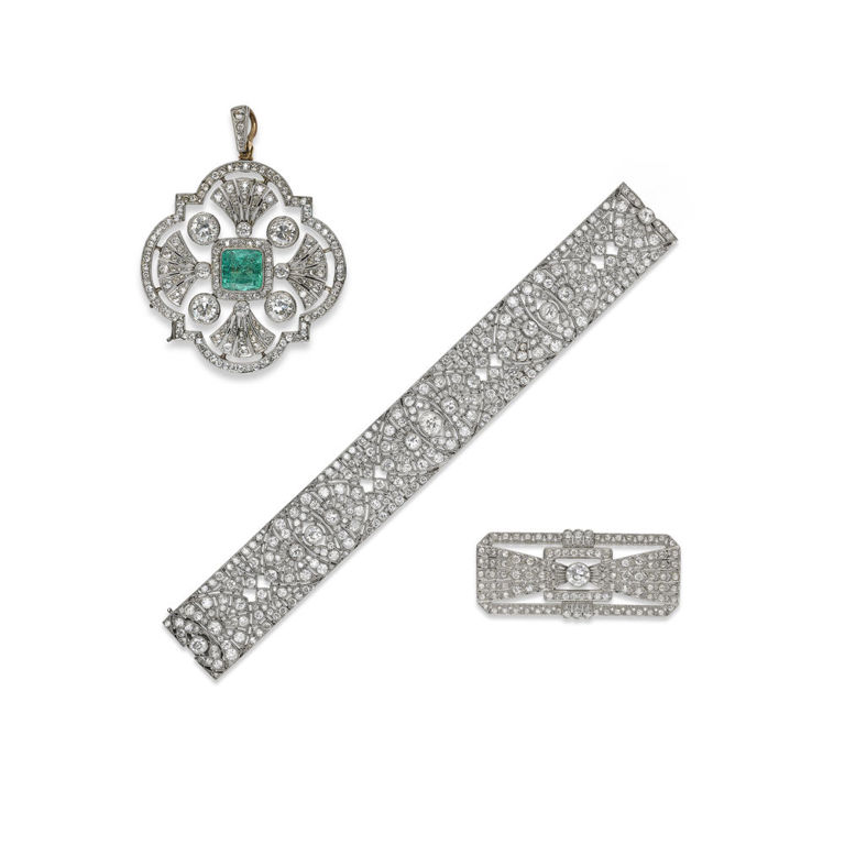 Platinum and Gold Emerald and Diamond Jewelry Set