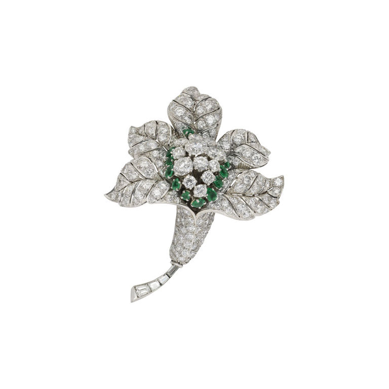 Platinum Emerald and Diamond Flower Brooch
