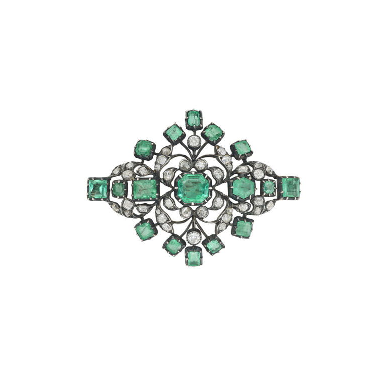 14k Gold and Silver Emerald and Diamond Brooch