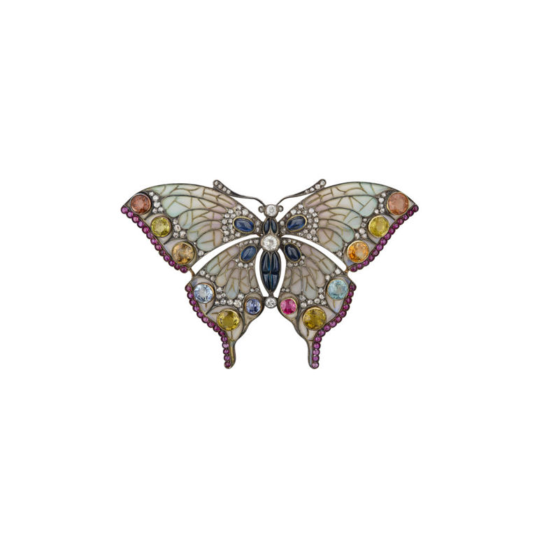 Yellow Gold and Silver Gem-Set Butterfly Brooch