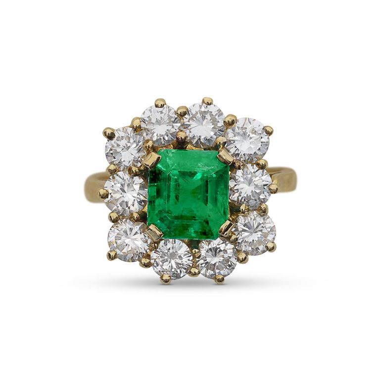 18k Yellow Gold Emerald and Diamond Cluster Ring