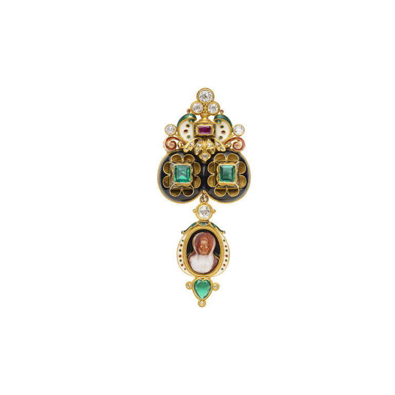 18k Yellow Gold Gemstone and Diamond Brooch