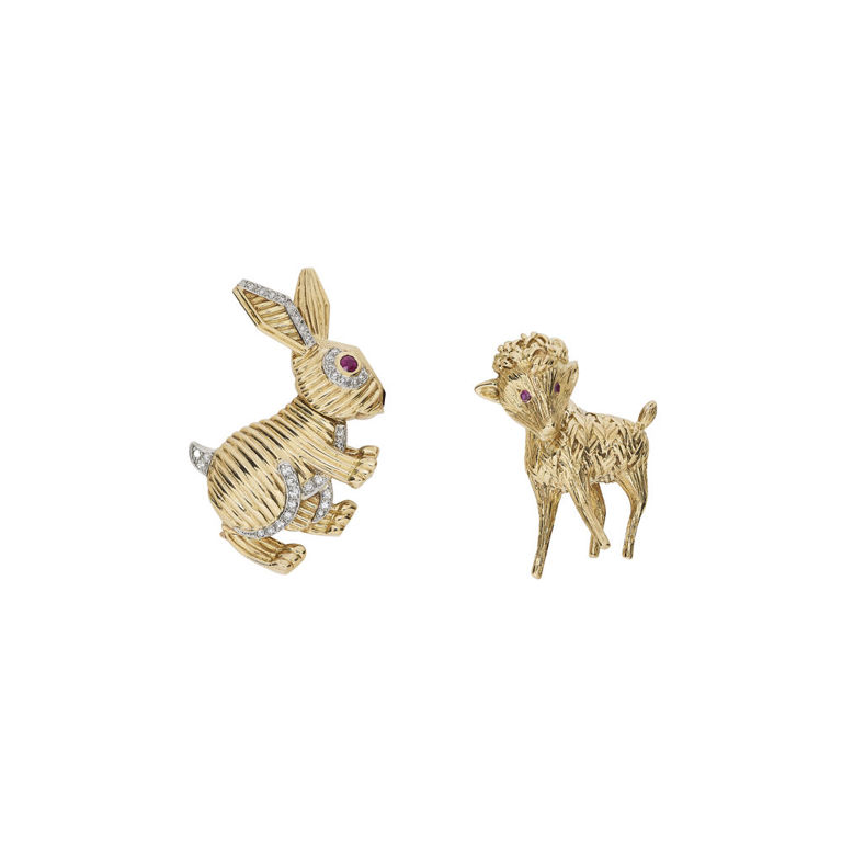 Platinum and 18k Gold Ruby and Diamond Brooches