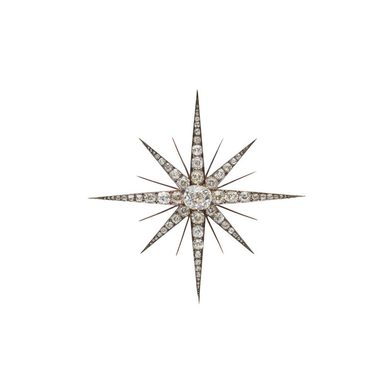18k Yellow Gold and Silver Diamond Star Brooch