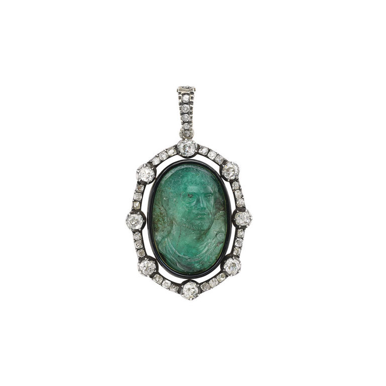 18k Gold Emerald Cameo, Enamel and Diamond Pendant