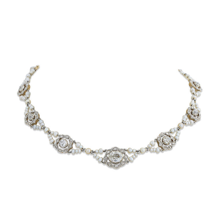 18k Yellow Gold Pearl and Diamond Necklace