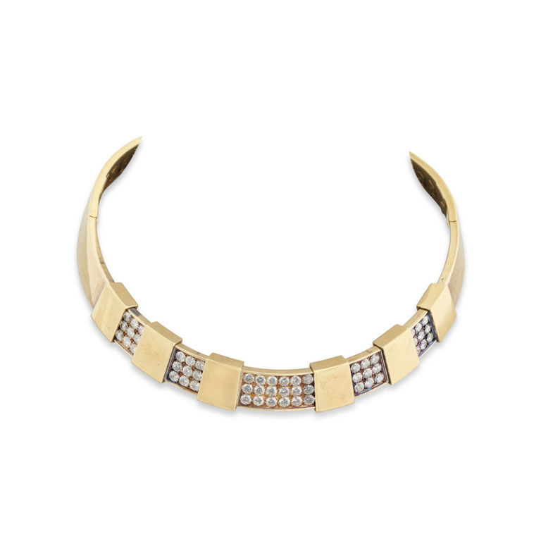 18k Yellow Gold and Silver Diamond Torque Necklace