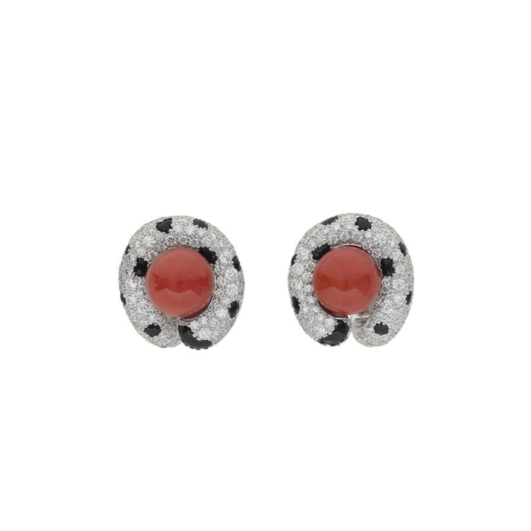 18k White Gold Coral, Onyx and Diamond Earrings
