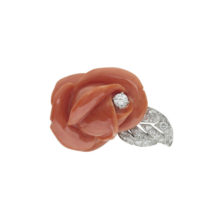 Platinum and 18k Gold Coral and Diamond Brooch