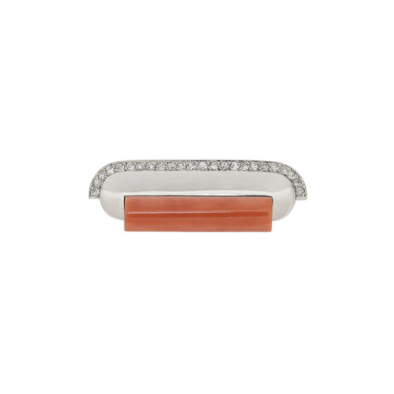 Platinum and 18k Gold Coral and Diamond Brooch