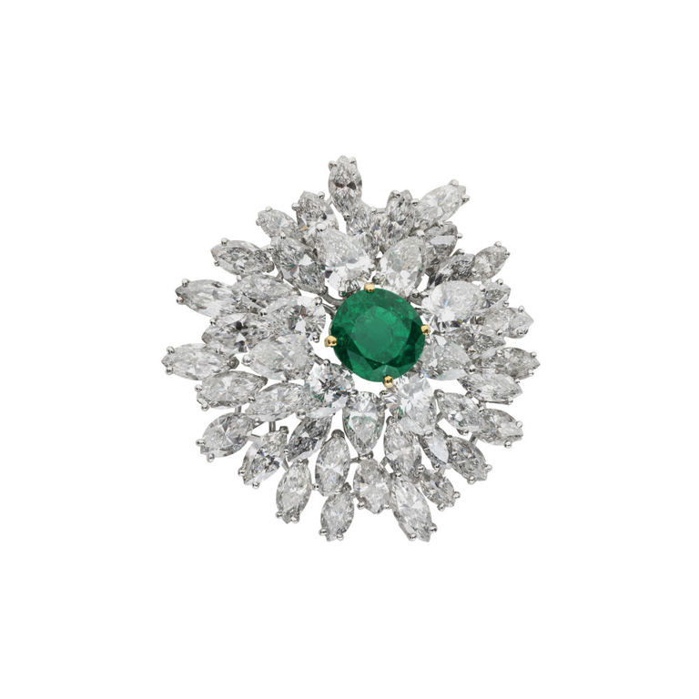 18k Gold Emerald and Diamond Brooch