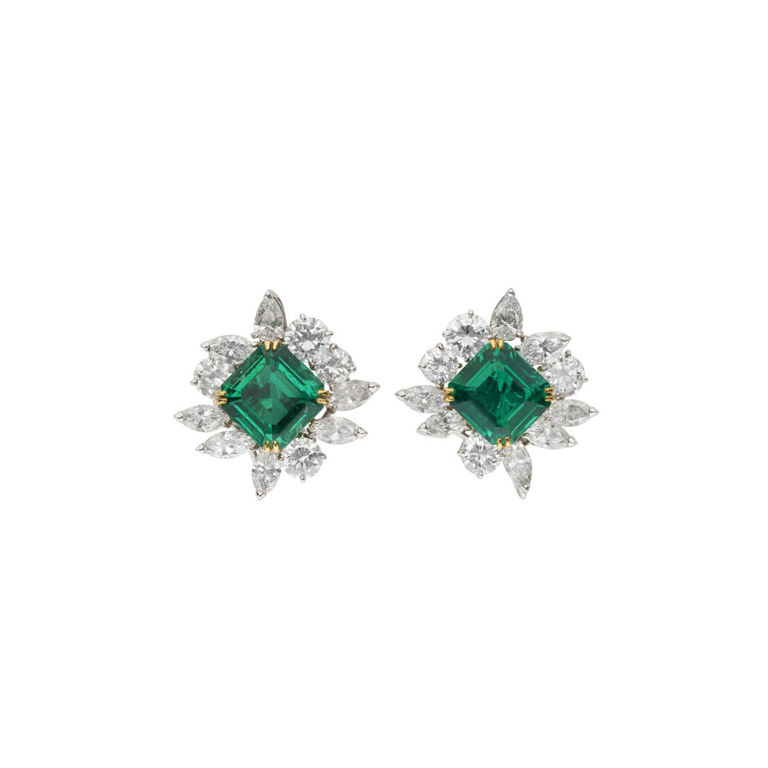 Platinum and 18k Gold Emerald and Diamond Earrings
