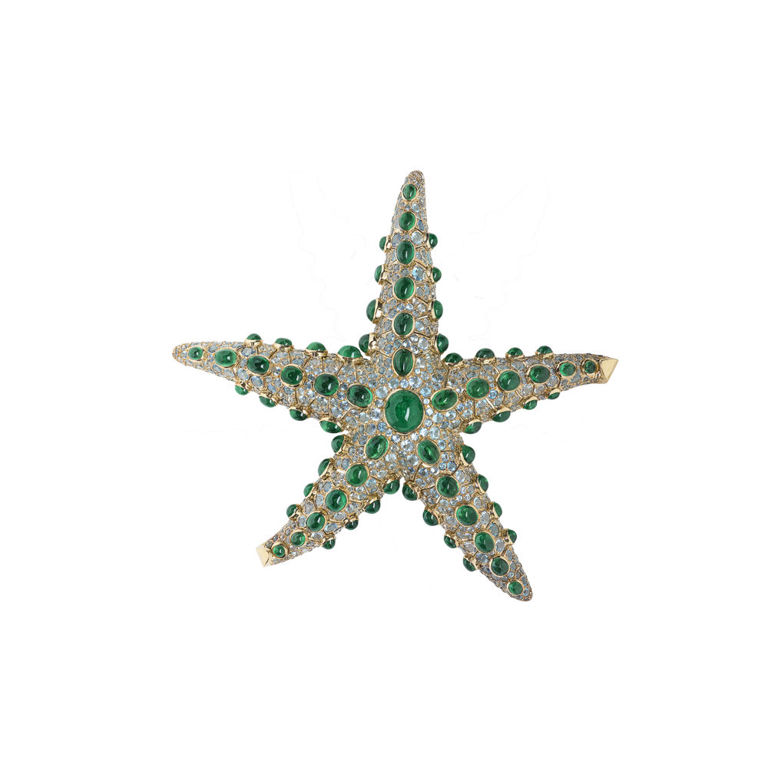 18k Gold Emerald and Aquamarine Starfish Brooch