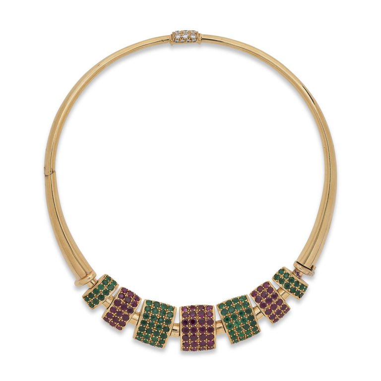 18k Yellow Gold Emerald, Ruby and Diamond Necklace