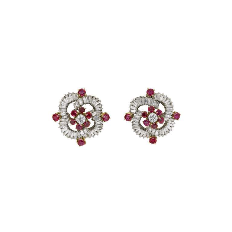 Platinum and 18k Gold Ruby and Diamond Earrings
