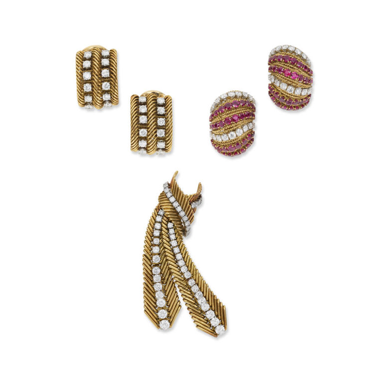 Platinum and 18k Gold Ruby and Diamond Jewelry Set