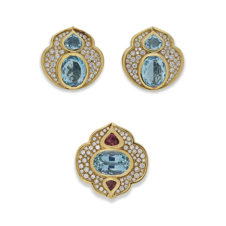 18k Yellow Gold Gem-Set and Diamond Jewelry Set