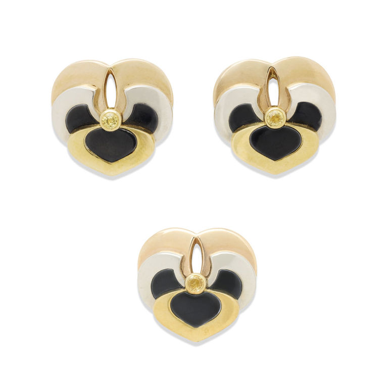 18k Gold Onyx and Sapphire Pansy Jewelry Set