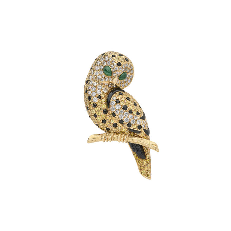 18k Gold Emerald, Onyx and Diamond Owl Brooch
