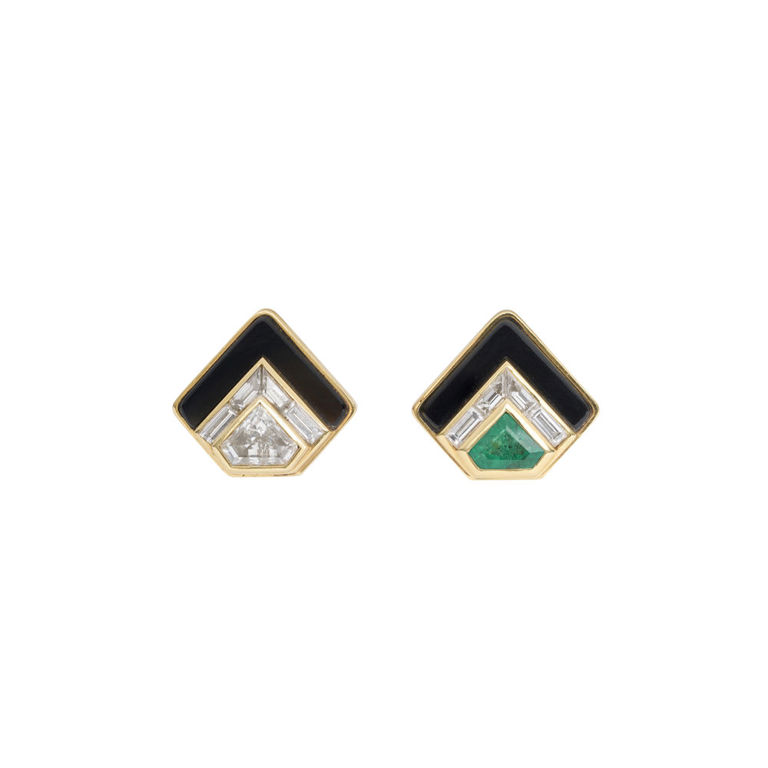 18k Yellow Gold Emerald, Onyx and Diamond Earrings
